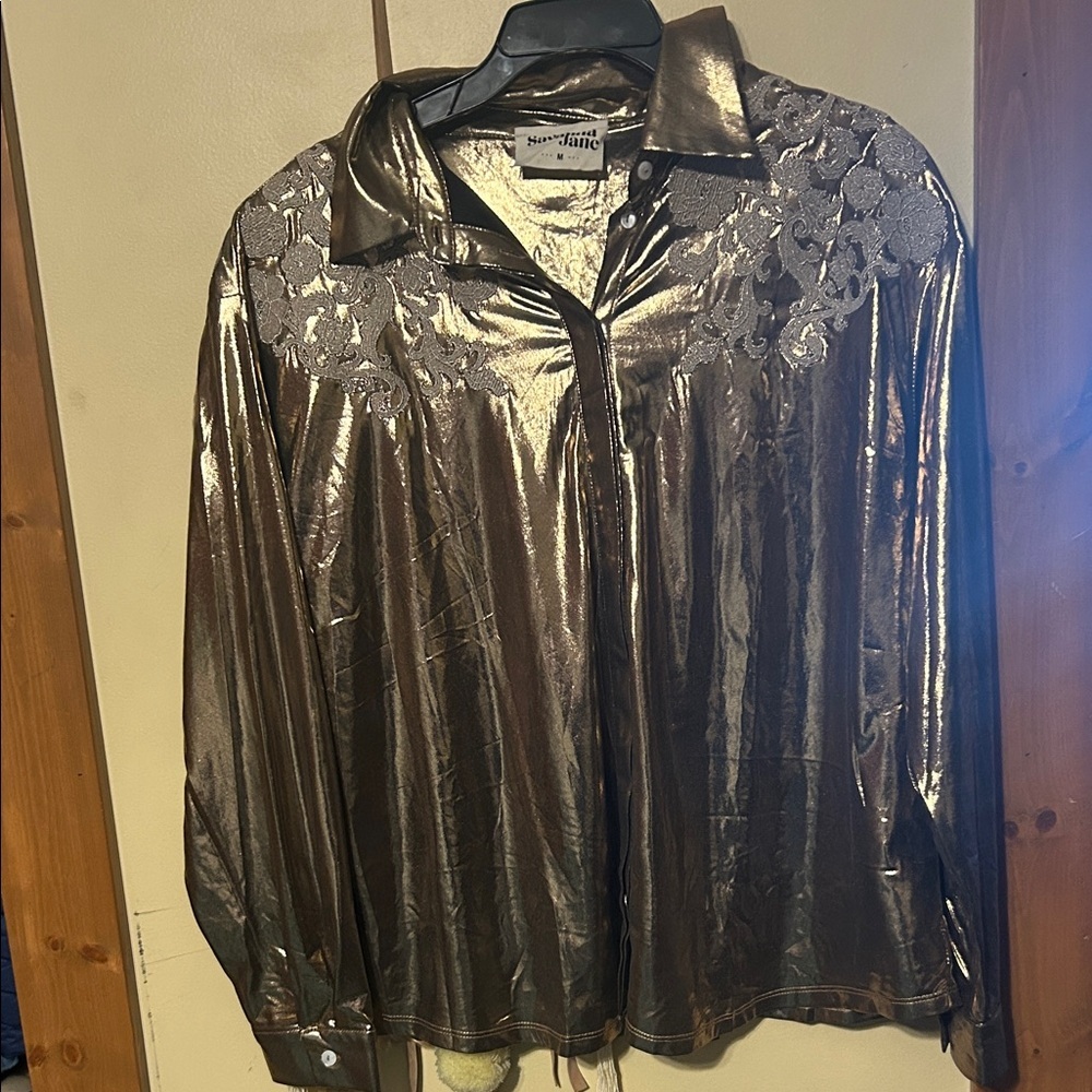 Savanna Jane Metallic Gold Button Down Shirt